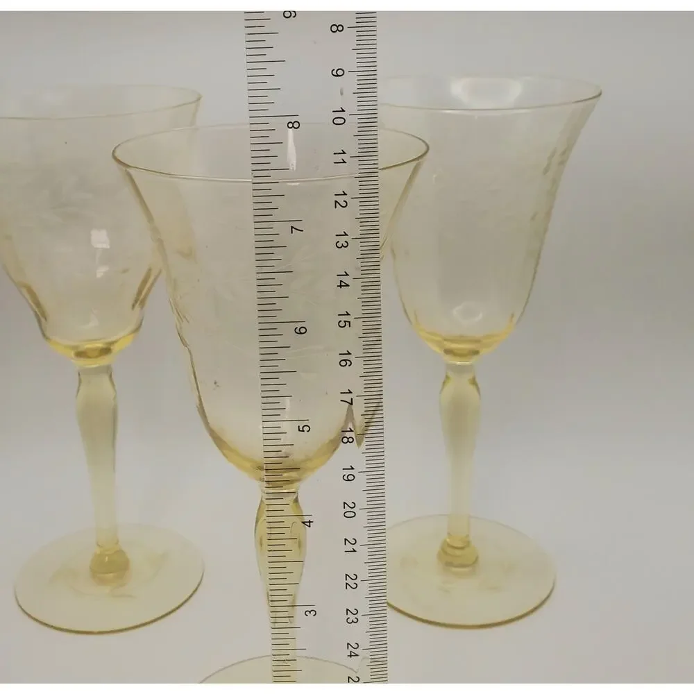 3 Elegant Tiffin-Franciscan Etched Wine Glasses Mandarin Yellow Topaz Gold